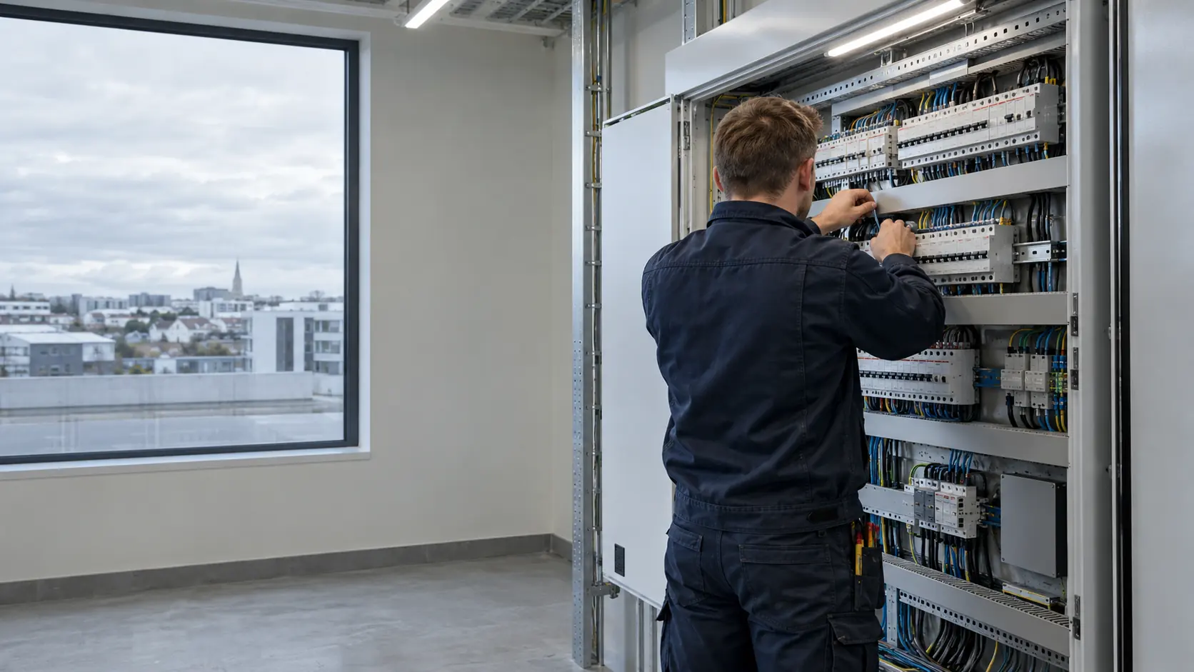 Rafvirki að störfum við rafmagnstöflu í atvinnuhúsnæði í Reykjavík