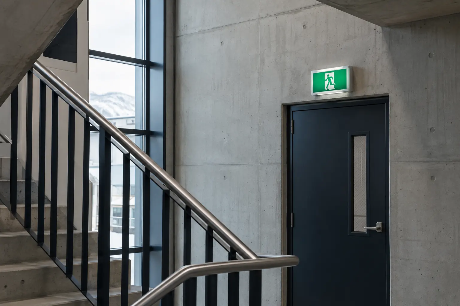 Upplýst neyðarútgangsmerki í stigagangi